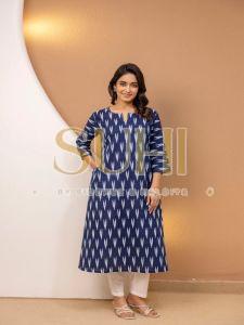 Ladies Navy Blue Ikkat Printed Cotton Kurti Set