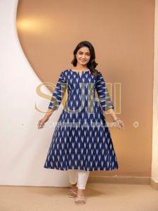 Ladies Navy Blue Ikkat Printed Cotton Kurti Set