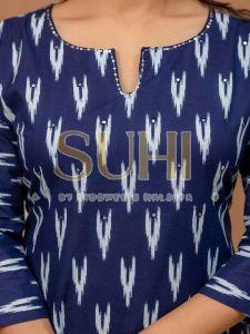 Ladies Navy Blue Ikkat Printed Cotton Kurti Set