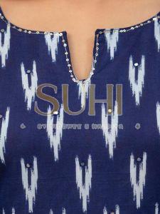 Ladies Navy Blue Ikkat Printed Cotton Kurti Set