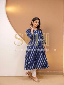 Ladies Navy Blue Ikkat Printed Cotton Kurti Set