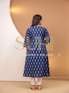 Ladies Navy Blue Ikkat Printed Cotton Kurti Set