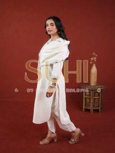 Ladies Plain White Cotton Flex Kurti Set