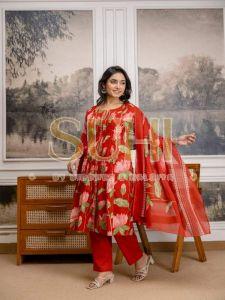 Ladies Red Gulmohar Flower Printed Cotton Kurti Set with Dupatta