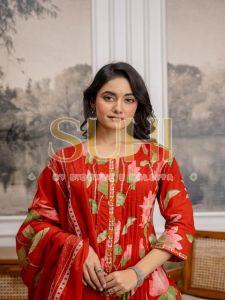 Ladies Red Gulmohar Flower Printed Cotton Kurti Set with Dupatta