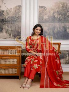 Ladies Red Gulmohar Flower Printed Cotton Kurti Set with Dupatta