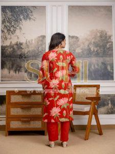 Ladies Red Gulmohar Flower Printed Cotton Kurti Set with Dupatta