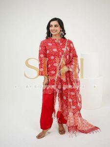Ladies Red Printed Kota Doria Kurti Set with Dupatta