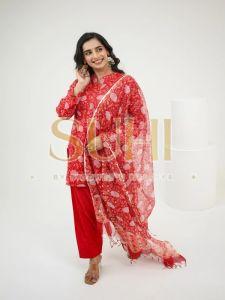 Ladies Red Printed Kota Doria Kurti Set with Dupatta