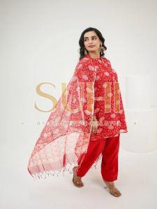Ladies Red Printed Kota Doria Kurti Set with Dupatta