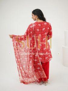 Ladies Red Printed Kota Doria Kurti Set with Dupatta