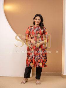 Ladies Red Printed Mul Chanderi Kurti Pant Set