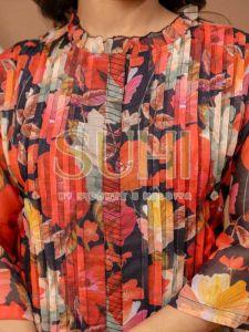 Ladies Red Printed Mul Chanderi Kurti Pant Set