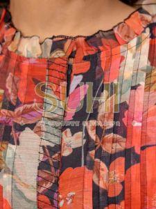 Ladies Red Printed Mul Chanderi Kurti Pant Set