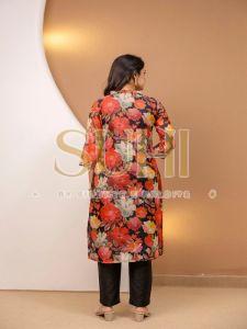 Ladies Red Printed Mul Chanderi Kurti Pant Set