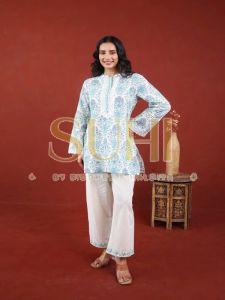 Ladies Sky Blue Printed Cotton Kurti Pant Set