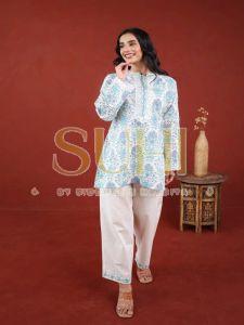 Ladies Sky Blue Printed Cotton Kurti Pant Set