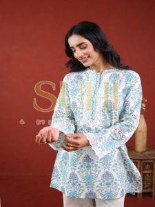 Ladies Sky Blue Printed Cotton Kurti Pant Set