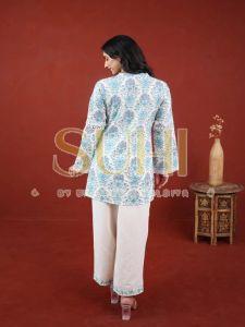 Ladies Sky Blue Printed Cotton Kurti Pant Set