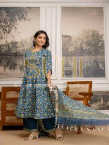 Ladies Teal Green Hand Block Print Pure Cotton Kurti Set with Dupatta