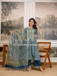 Ladies Teal Green Hand Block Print Pure Cotton Kurti Set with Dupatta