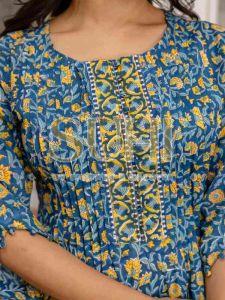 Ladies Teal Green Hand Block Print Pure Cotton Kurti Set with Dupatta