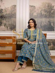 Ladies Teal Green Hand Block Print Pure Cotton Kurti Set with Dupatta