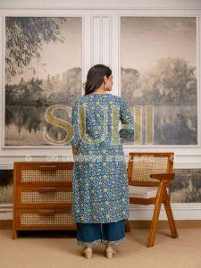 Ladies Teal Green Hand Block Print Pure Cotton Kurti Set with Dupatta
