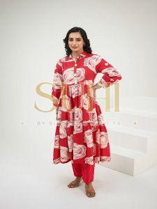 Ladies Umbrella Red Cotton Printed Kurti Set