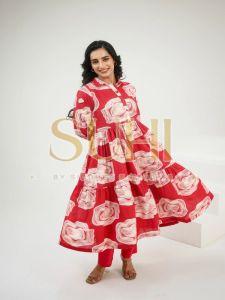 Ladies Umbrella Red Cotton Printed Kurti Set