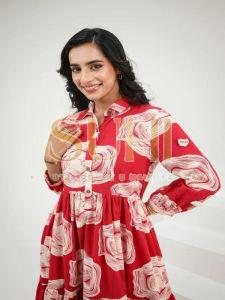 Ladies Umbrella Red Cotton Printed Kurti Set