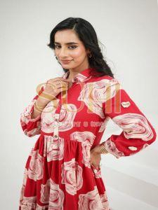 Ladies Umbrella Red Cotton Printed Kurti Set