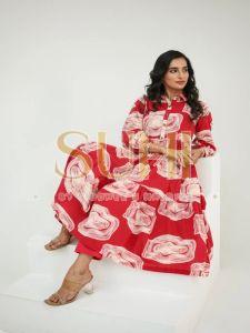 Ladies Umbrella Red Cotton Printed Kurti Set