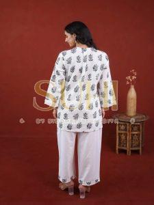 Ladies White Printed Cotton Flex Kurti Pant Set