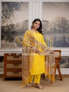 Ladies Yellow Solid Cotton Kurti Set With Dupatta