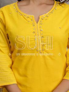 Ladies Yellow Solid Cotton Kurti Set With Dupatta