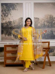 Ladies Yellow Solid Cotton Kurti Set With Dupatta