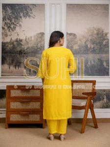 Ladies Yellow Solid Cotton Kurti Set With Dupatta