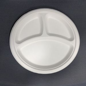 10 Inch 3 Compartment Bagasse Disposable Round Plate