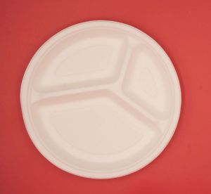 9 Inch 3 Compartment Bagasse Disposable Round Plate