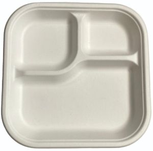 9 Inch 3 Compartment Bagasse Disposable Square Plate