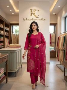 Cotton Thread Work Kurta Pant Dupatta Set