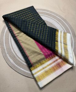 Ladies Mercerised Cotton Ilkal Jeri Checks Saree