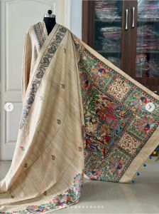 Ladies Traditional Madhubani Hand Painted Tussar Silk Saree