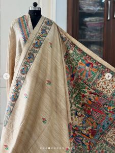 Ladies Traditional Madhubani Hand Painted Tussar Silk Saree