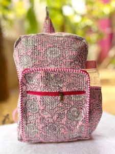Pink Hand Block Quilted Cotton Backpack