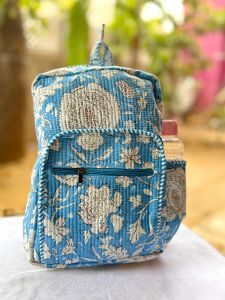 Sky Blue Floral Hand Block Print Quilted Cotton Backpack