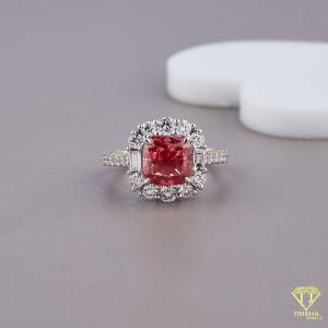 925 Sterling Silver Moissanite Diamond Cushion Cut Red Stone Ring