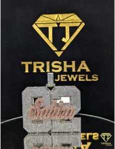 925 Sterling Silver Custom Personalized Satin Name Number Moissanite Diamonds Pendant