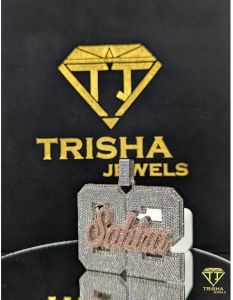 925 Sterling Silver Custom Personalized Satin Name Number Moissanite Diamonds Pendant